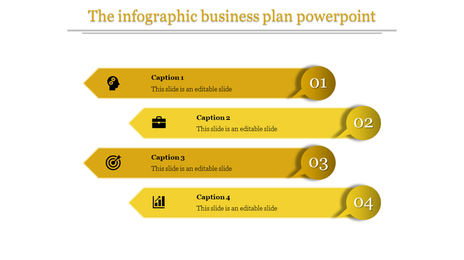 Four step infographic with yellow gradient arrows, featuring icons and circular number markers on the right.