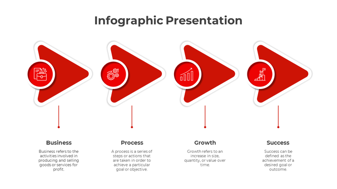 Red infographic template with four triangular sections showcasing business, process, growth, and success concepts.