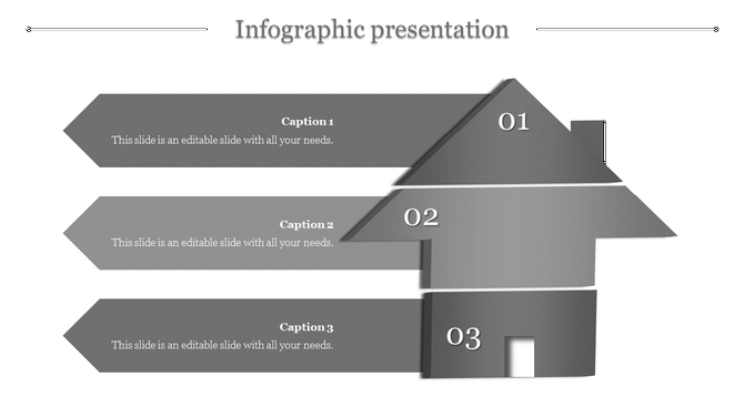 Gray house shaped infographic with three labeled sections for captions with placeholder text.