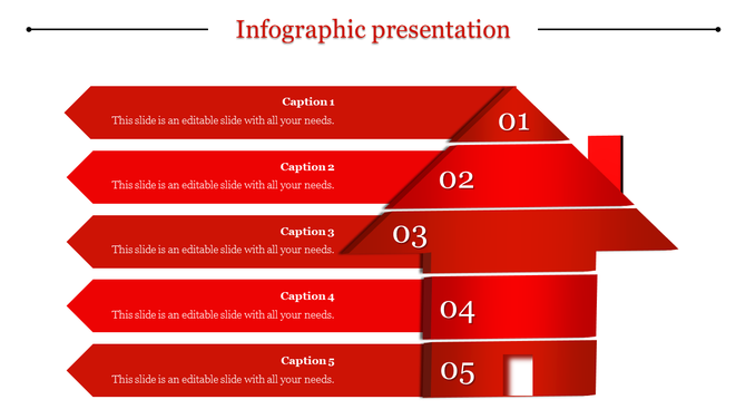 Infographic presentation template is shaped like a red house with five red labeled sections for captions.