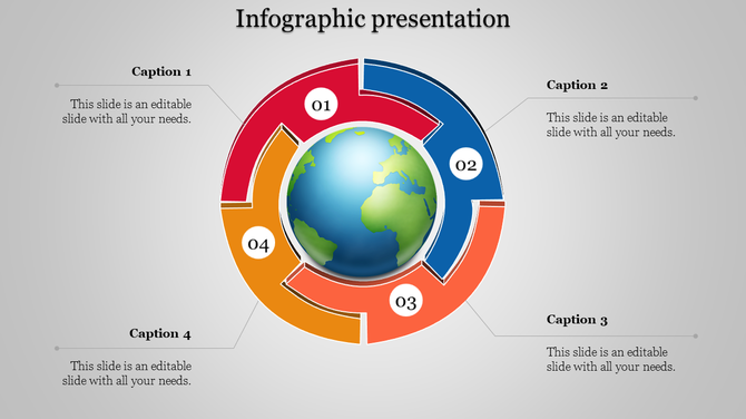 Infographic design featuring a central earth image surrounded by four colorful segments and numbered placeholders.