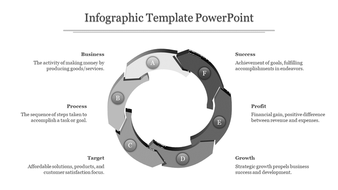 Infographic template in grayscale with a six-segment ring labeled A–F, ideal for business or process steps.