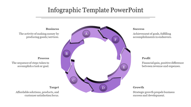 Infographic template with a ring of six purple arcs labeled A-F, arranged in a circle for process or strategy steps.