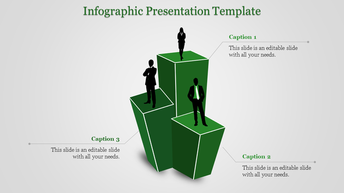 Green block infographic with business silhouettes standing on podiums and labeled captions for text.