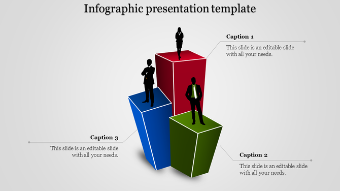 Infographic PPT template with professionals standing on red, green, and blue podiums, featuring captions for content.