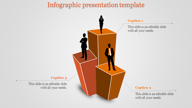 Infographic with three stacked orange blocks and business figures representing captions in a professional layout.
