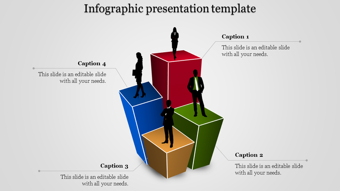 Four colored cubes arranged in a cluster with silhouetted professionals standing on them, forming a layered infographic.
