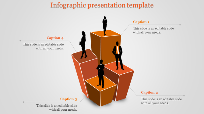 Professional infographic with four orange 3D columns, featuring business silhouettes and captions on a light background.