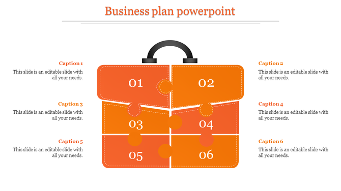 Illustration of an orange suitcase divided into six puzzle sections, each numbered and captions for business plan elements.