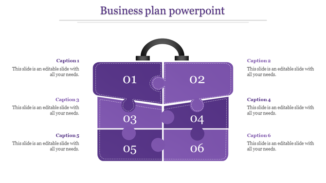 Purple suitcase shaped business plan PowerPoint slide with six interconnected puzzle pieces labeled 01 to 06.