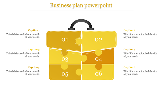 Puzzle-piece suitcase graphic in gold tones, split into six numbered sections for a step-by-step business plan.