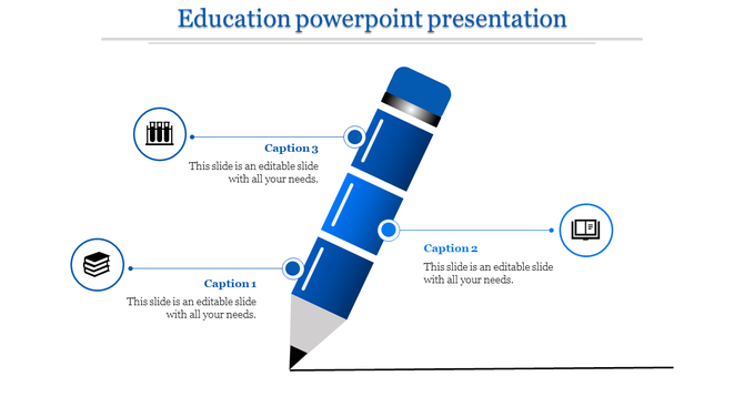 Blue pencil-themed educational slide with three captions and icons representing different academic concepts.