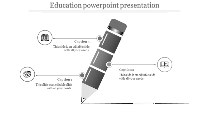 Education infographic featuring a vertical gray pencil with three captions linked to icons for learning concepts.