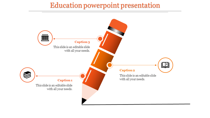 Education slide with an orange pencil illustration and related icons for captions.