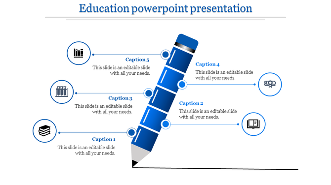 Blue pencil graphic with five labeled captions connected to circular icons in an education themed layout.