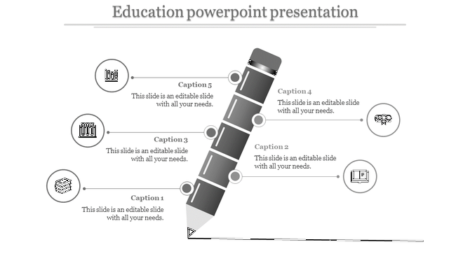 Education infographic with a grayscale pencil design, divided into five sections, each linked to captions and icons.
