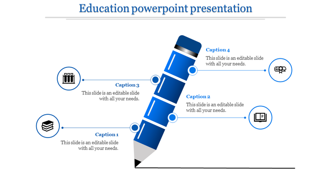 Education PowerPoint slide featuring a blue pencil icon with four numbered caption areas.