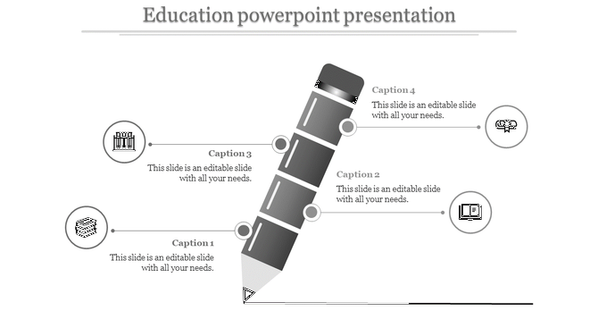 Illustration of a grayscale segmented pencil with four labeled sections, each pointing to an education-related icon