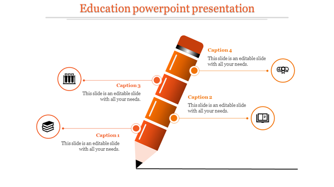 Education PowerPoint slide featuring an orange pencil graphic with four numbered caption areas.