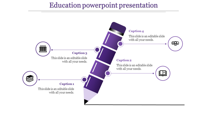Education slide featuring a purple  pencil with four labeled steps, each connected to an academic icon and text description.