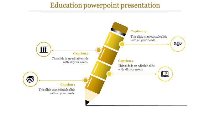 Education PowerPoint slide featuring a pencil icon with four numbered caption areas.
