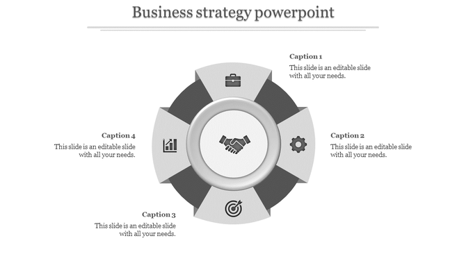 Gray business strategy PPT slide showing four sections with icons and captions.