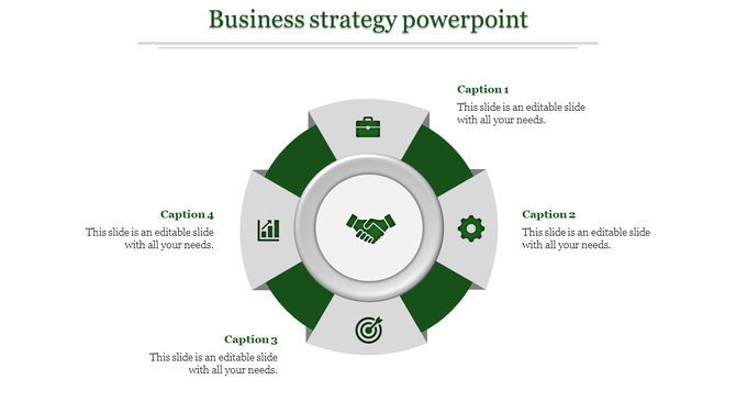Circular green and gray diagram with four segments featuring icons, surrounding a central handshake for a business theme.