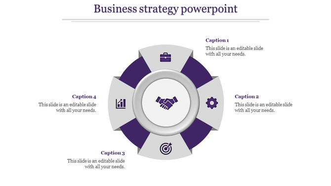 Purple and gray circular layout with a handshake in the center, surrounded by four business related icons.