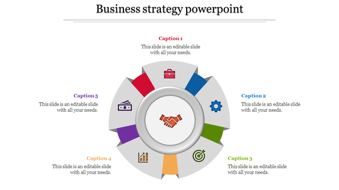 Business strategy PPT slide with colorful segments for five sections featuring business related icons with captions.