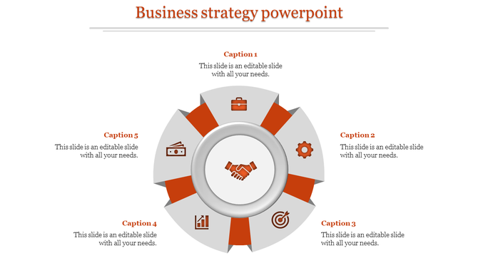 Business strategy PowerPoint slide with circular icons surrounding a central handshake symbol, indicating collaboration.