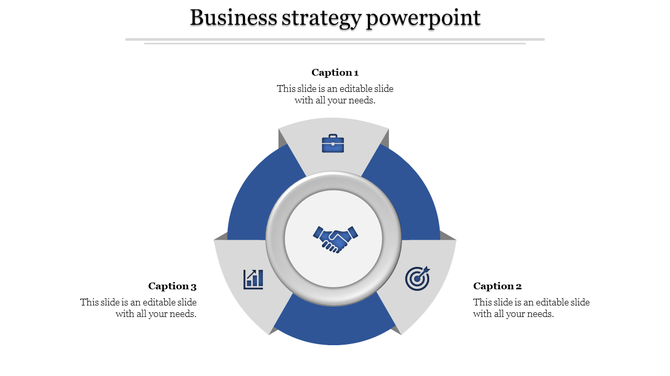 Three-step business strategy chart with icons for goals, performance, and tasks, arranged in a circular design.
