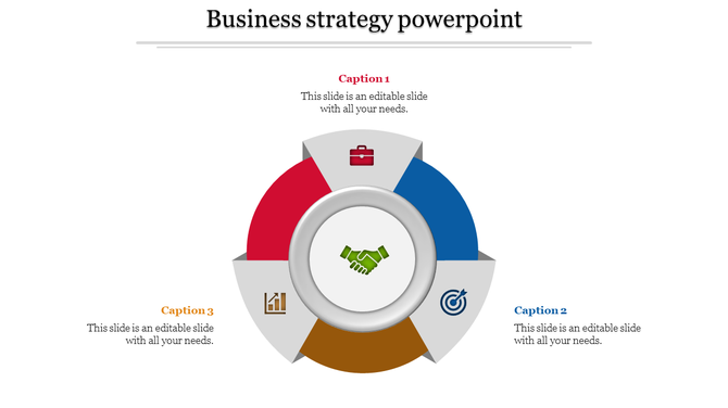 Circular business strategy diagram with a handshake icon in the center, surrounded by four colored segments 