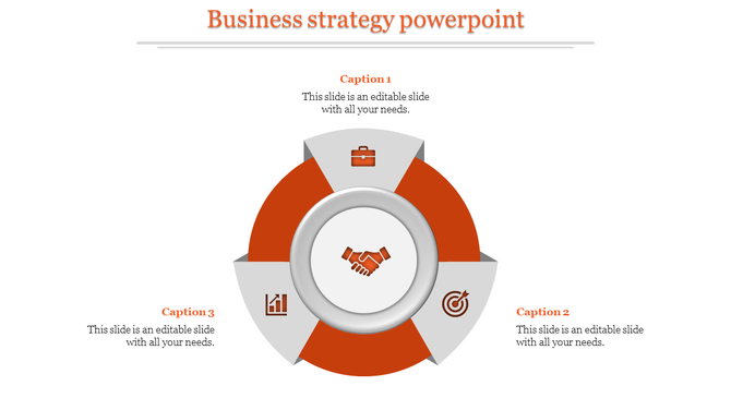 Business strategy PPT slide with orange icons for business, growth, and target strategy, and a handshake at the center.