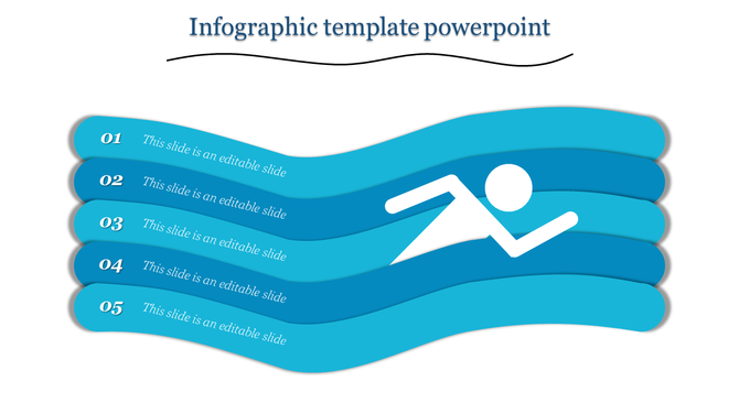 Blue infographic template with five numbered wavy horizontal bars and a white swimmer icon in the center.