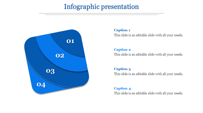 Infographic slide with blue layered shapes numbered 01 to 04 for a presentation template.