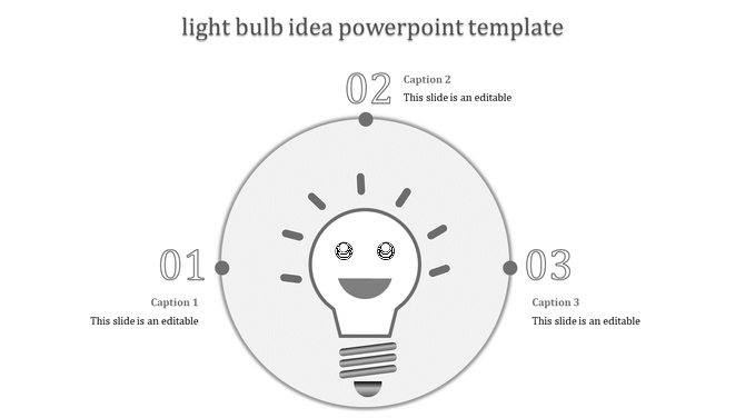 Creative light bulb concept infographic with a central smiling bulb and five surrounding captions in shades of gray.