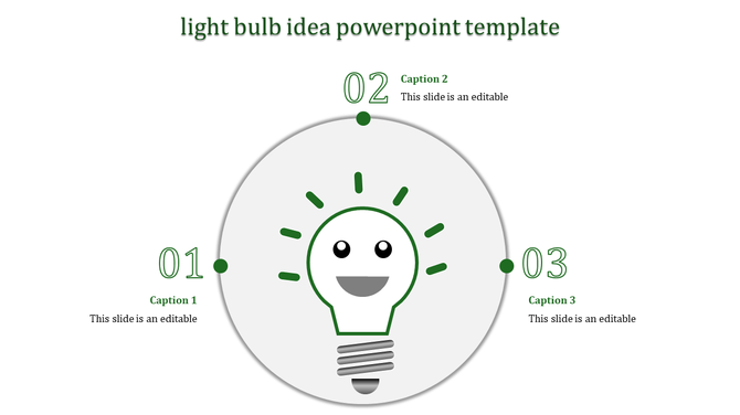 Green light bulb icon representing an idea surrounded by a circular layout with three evenly spaced captions.