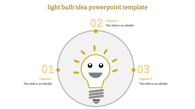Creative light bulb idea PowerPoint template with numbered sections and captions.