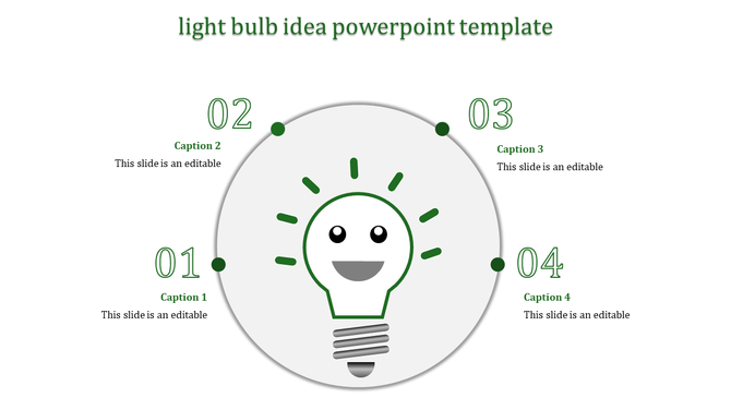 Creative green light bulb design in the middle of a circular diagram with four labeled points for captions.