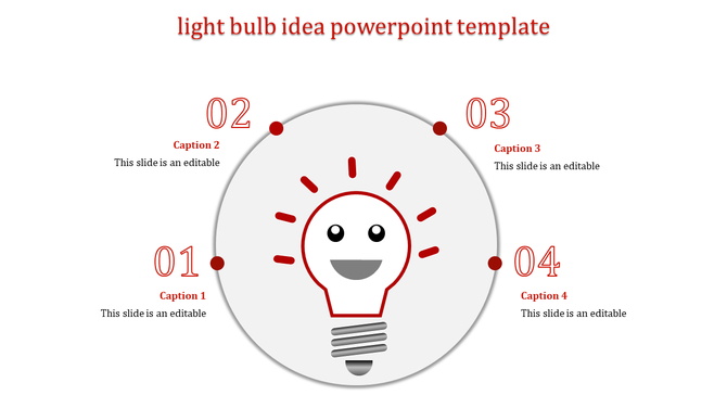 Circular infographic design with a red smiling light bulb in the center and four numbered captions around the circle.