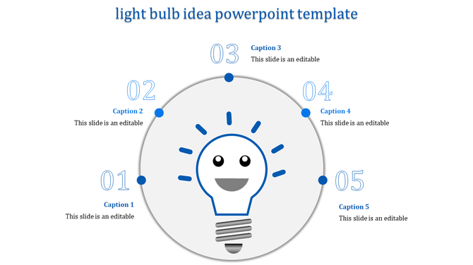 Circular infographic template featuring a blue smiling light bulb in the center, surrounded by five numbered steps with text.