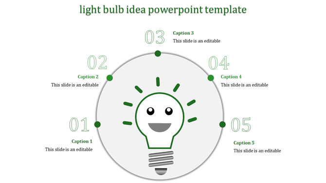 PowerPoint slide with a smiling light bulb icon in the center, surrounded by five numbered captions.