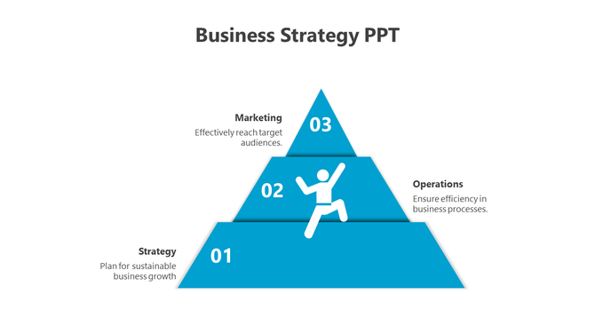 Blue colored pyramid slide for business strategy showing strategy, operations, and marketing sections.