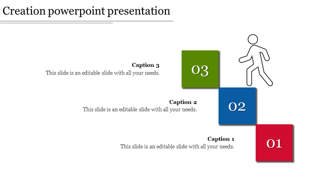 PowerPoint creation slide with three numbered caption boxes and a walking figure.