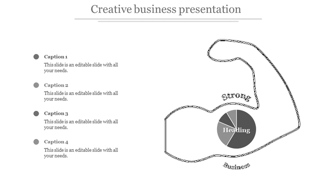 Minimalist business strength concept with a flexed arm, a grayscale pie chart, and four bullet point captions in gray.