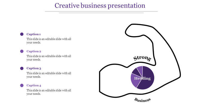 Creative business slide featuring a muscle arm outline, a purple pie chart in the bicep, and four color-matching captions.