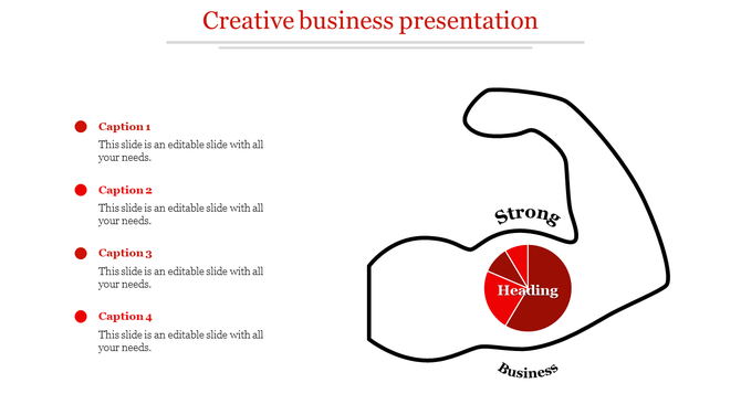 PowerPoint slide showing a muscular arm with a pie chart labeled Heading and the word Strong above it with captions.