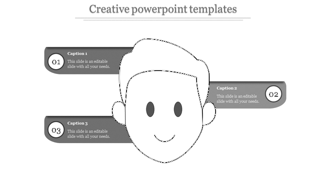 Gray creative PowerPoint template with a cartoon character and sections for captions.