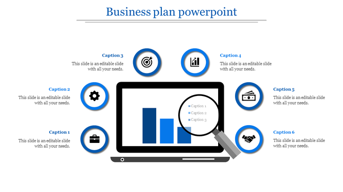 Business plan PPT slide showing a laptop with blue bar charts, magnifying glass, and icons with captions.