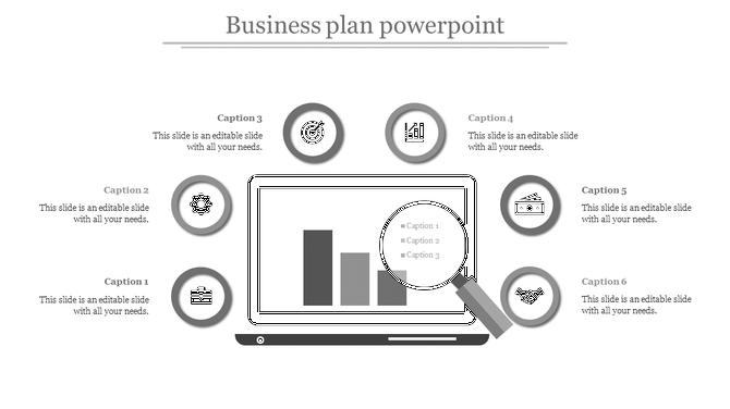 Gray themed business slide featuring six circular icons, captions, and a central laptop with a magnifying glass.